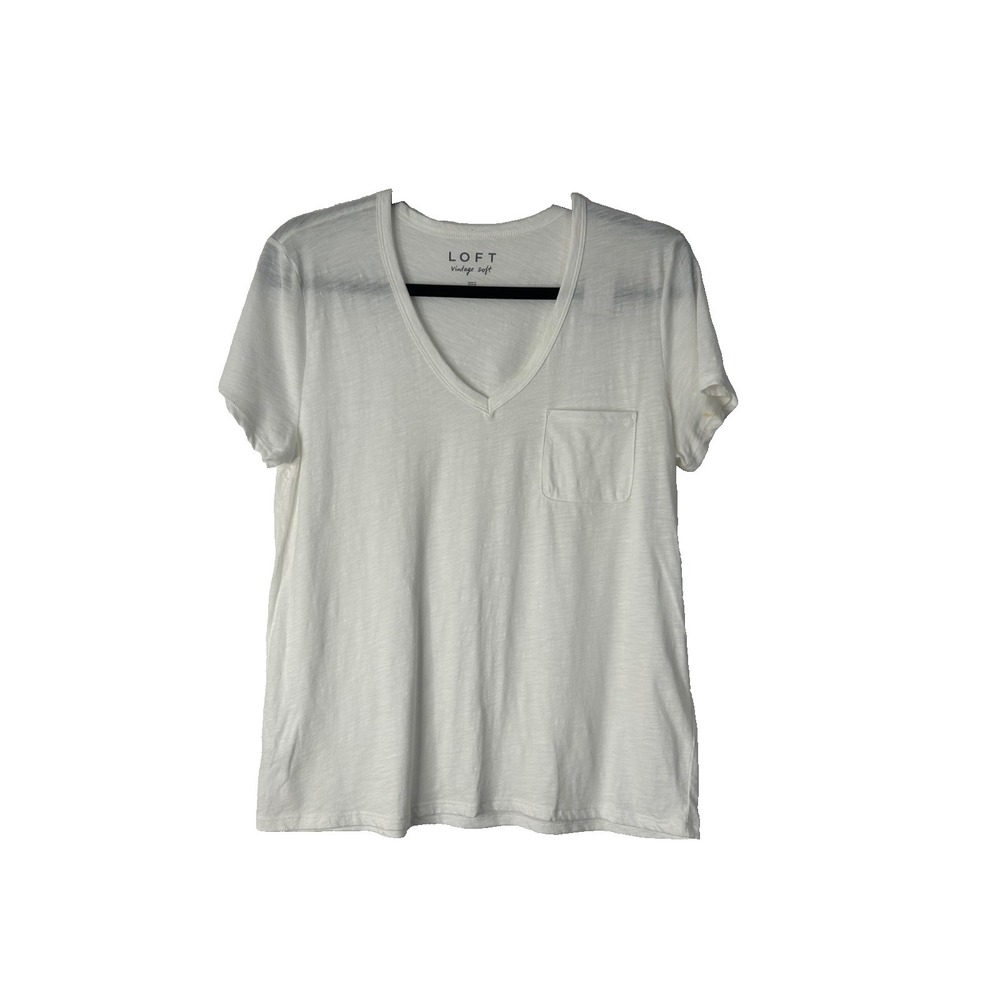 Loft Vintage‎ Soft Pocket Tee Size M White Cotton Short Sleeve V-Neck T-Shirt